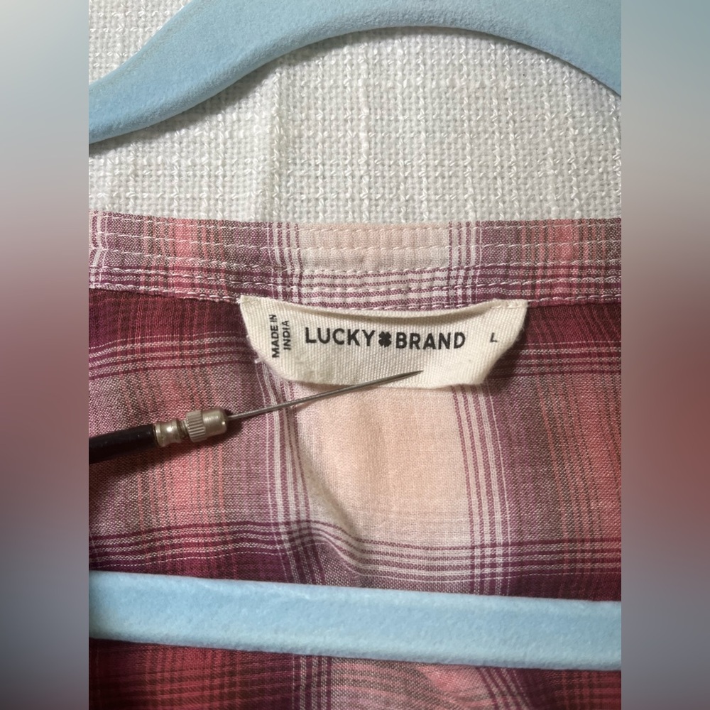 Lucky Brand 100% Cotton Mauve Plaid Henley Peasant Blouse Size Large - Picture 4 of 9